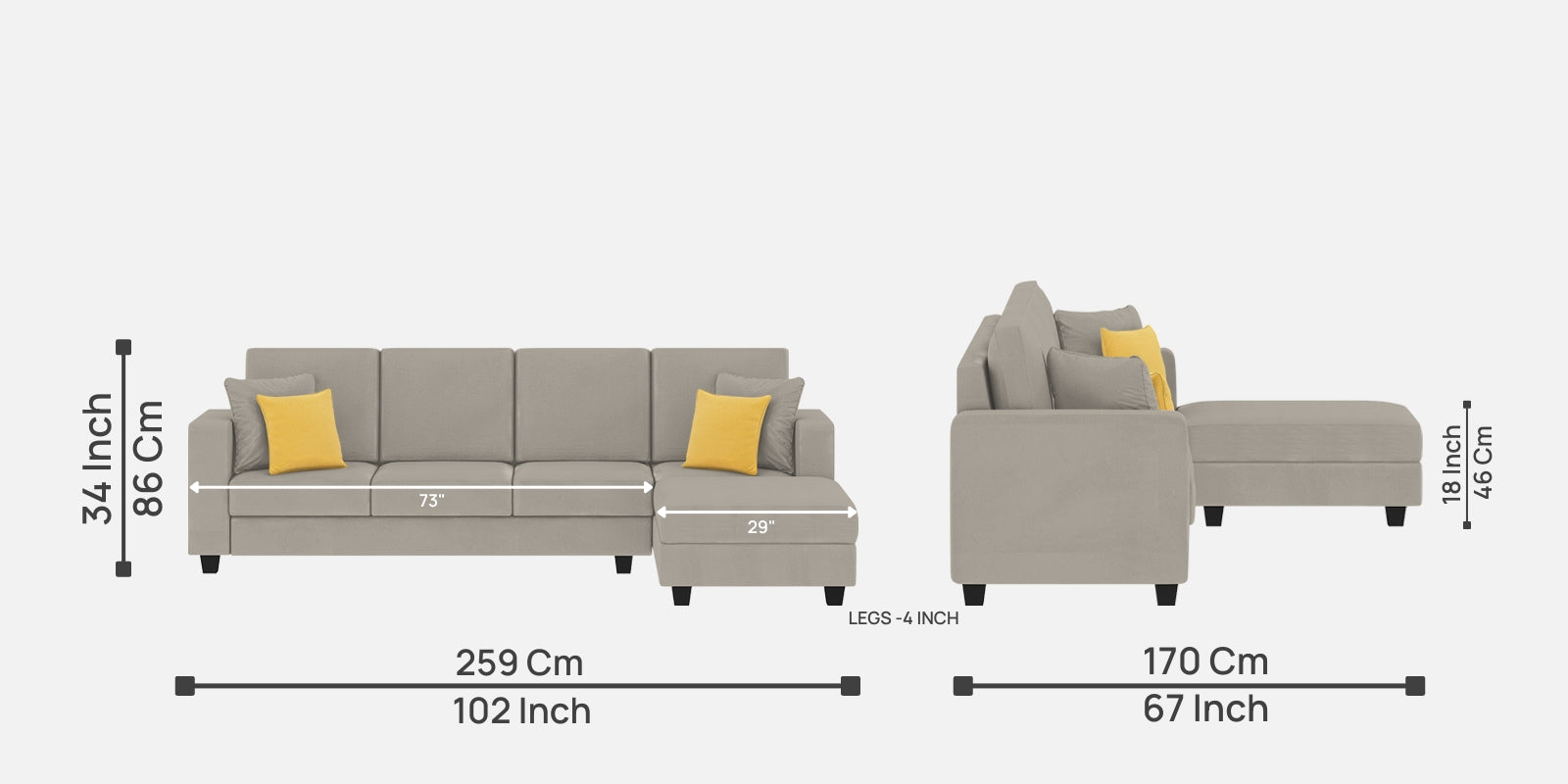 Nabi Fabric LHS Sectional Sofa (3 + Lounger) In Ash Grey Colour