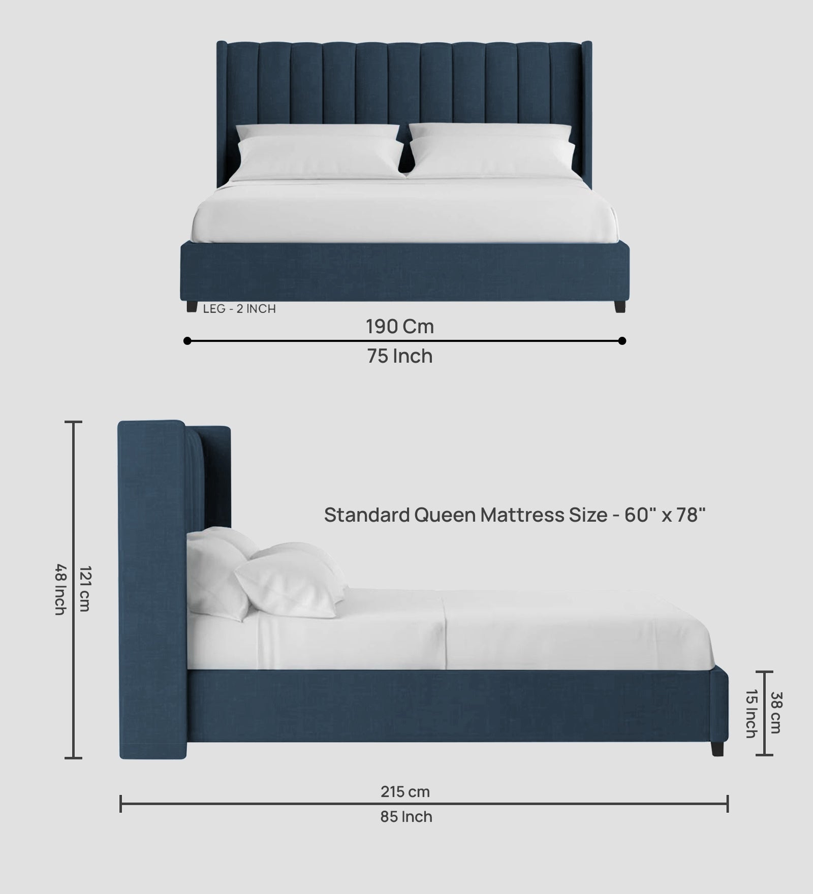 Colina Fabric Queen Size Bed In Light Blue Colour With Box Storage