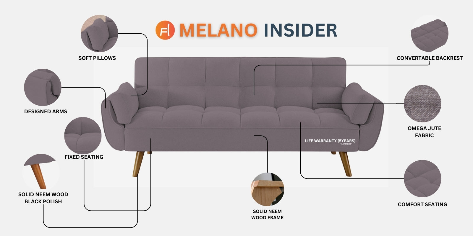 Melano Fabric 3 Seater Convertible Sofa Cum Bed in Core Brown Colour