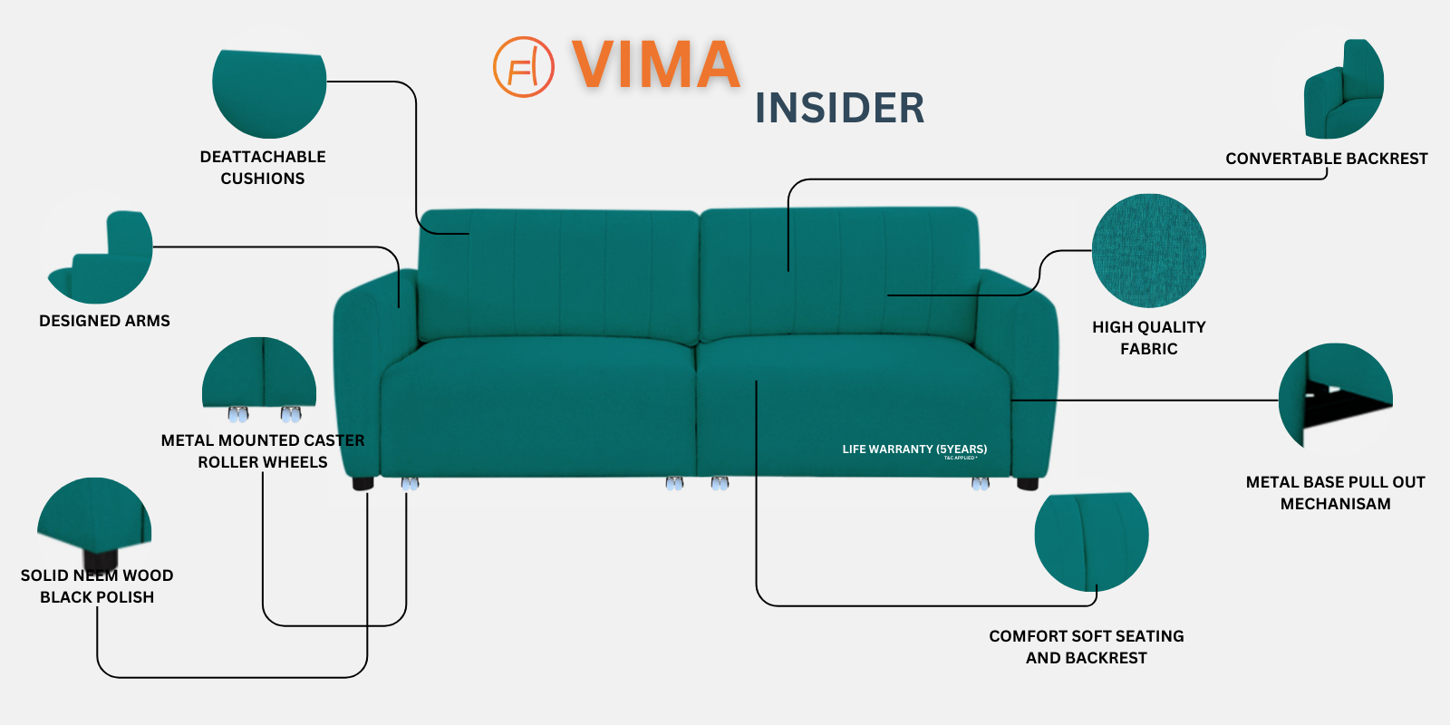 Vima Fabric 3 Seater Pull Out Sofa Cum Bed In Ivory Cream Colour