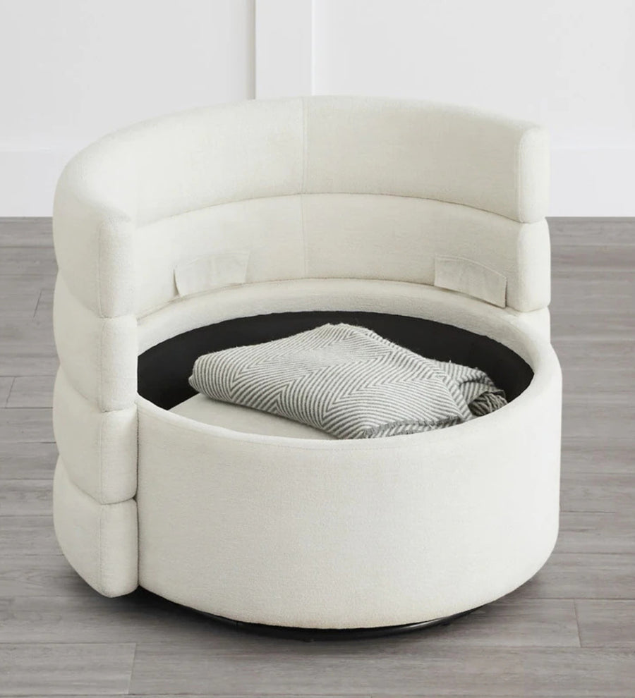 Rocco Fabric Swivel Chair In Ivory Cream Colour With Storage - Febonic Living