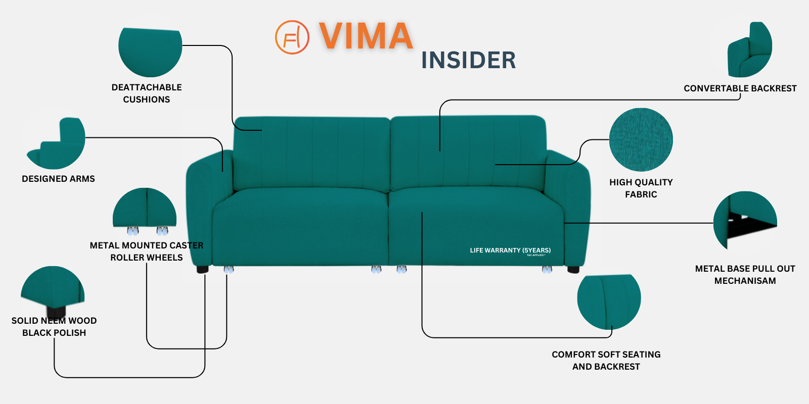 Vima Fabric 3 Seater Pull Out Sofa Cum Bed In Royal Blue Colour