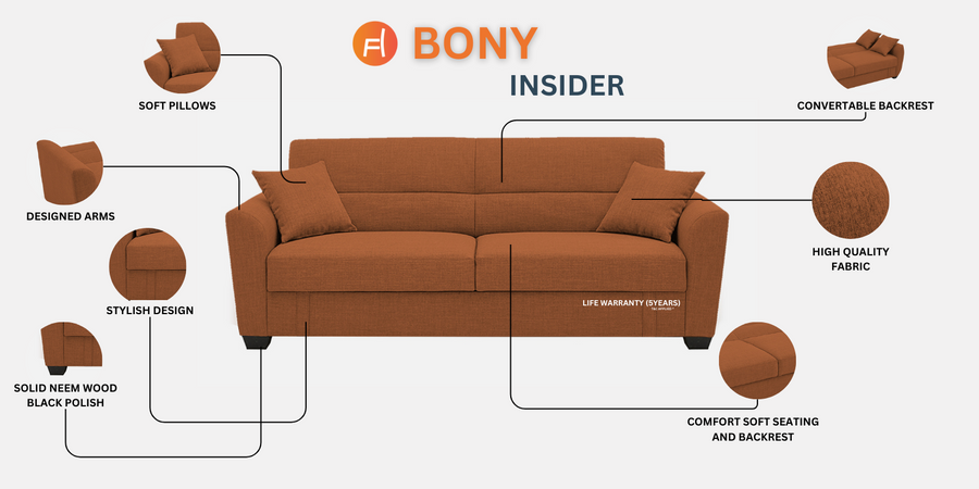 Bony Fabric 3 Seater Convertible Sofa Cum Bed In Corel Red Colour - Febonic Living