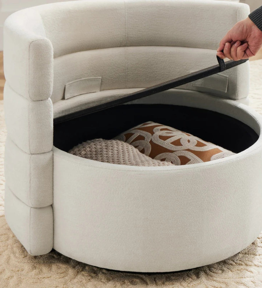 Rocco Fabric Swivel Chair In Ivory Cream Colour With Storage - Febonic Living