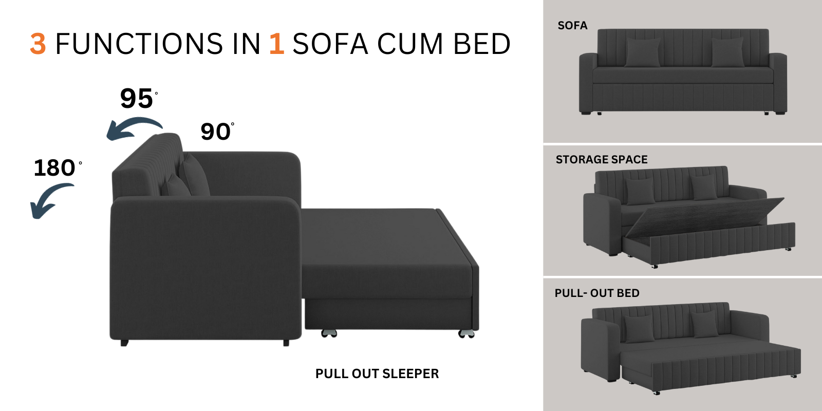 Calra Fabric 3 Seater Pull Out Sofa Cum Bed In Zed Black Colour