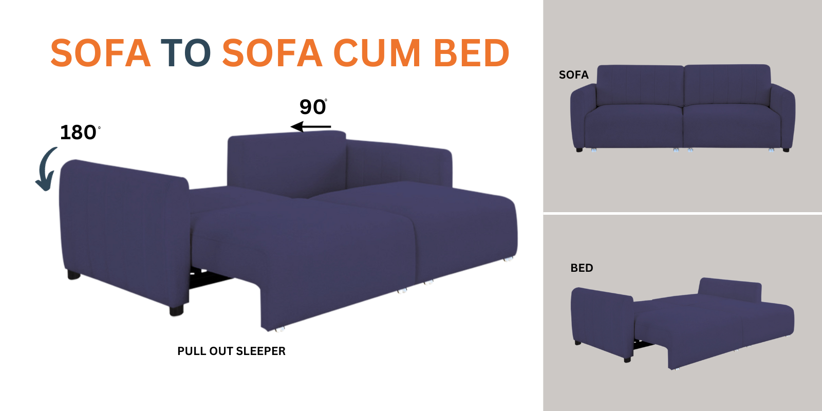 Vima Fabric 3 Seater Pull Out Sofa Cum Bed In Charcoal Grey Colour