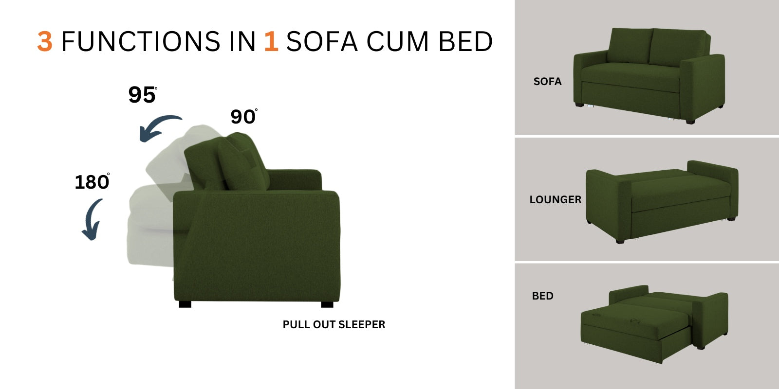 Lobby Fabric 2 Seater Pull Out Sofa Cum Bed In Olive Green Colour