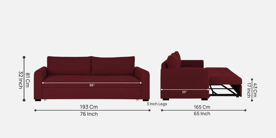 Sigma Fabric 3 Seater Pull Out Sofa Cum Bed In Blood Maroon Colour - Febonic Living