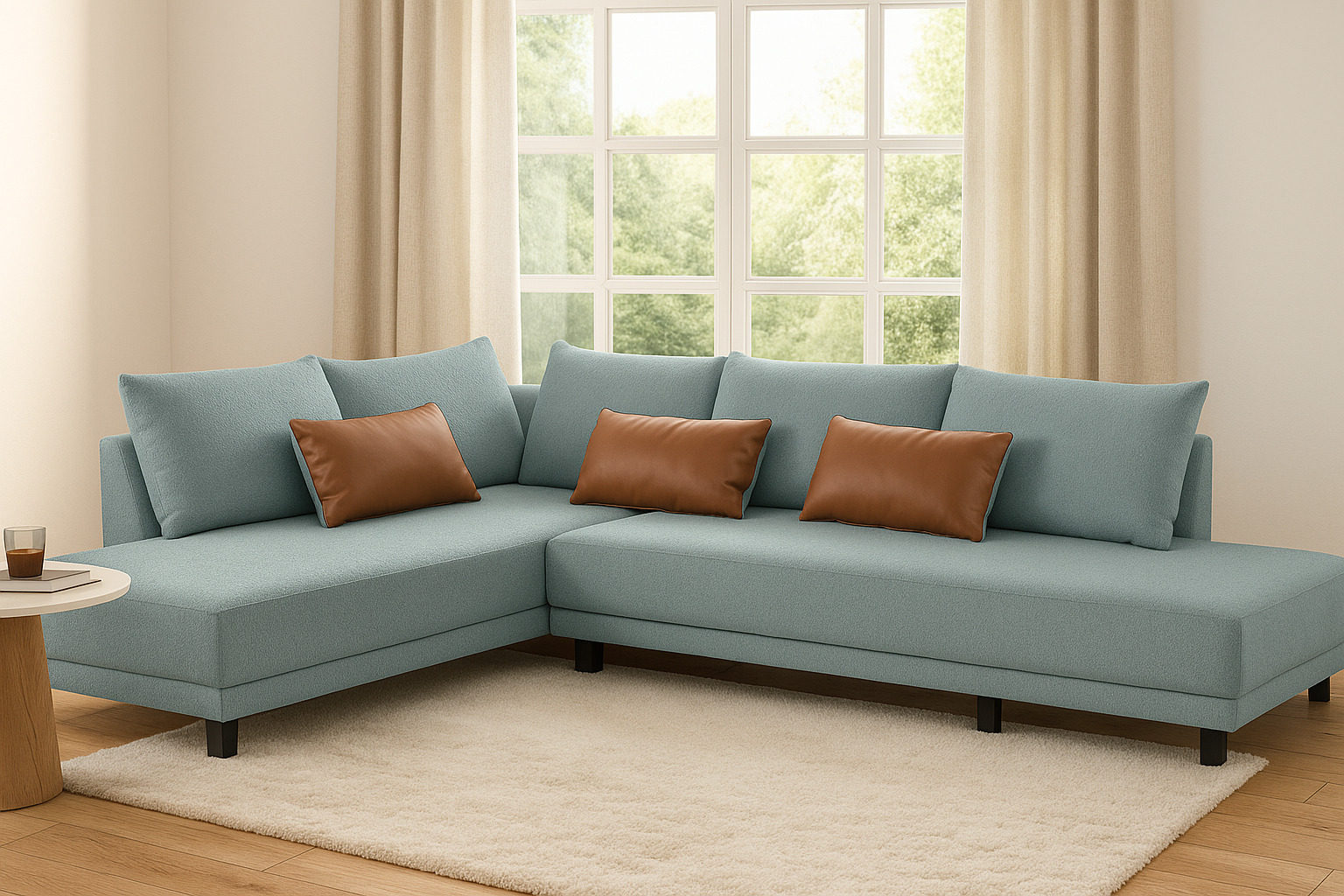Ira Boucle Fabric RHS 6 Seater Convertible Sofa Cum Bed In Stormy Blue Colour - Febonic Living