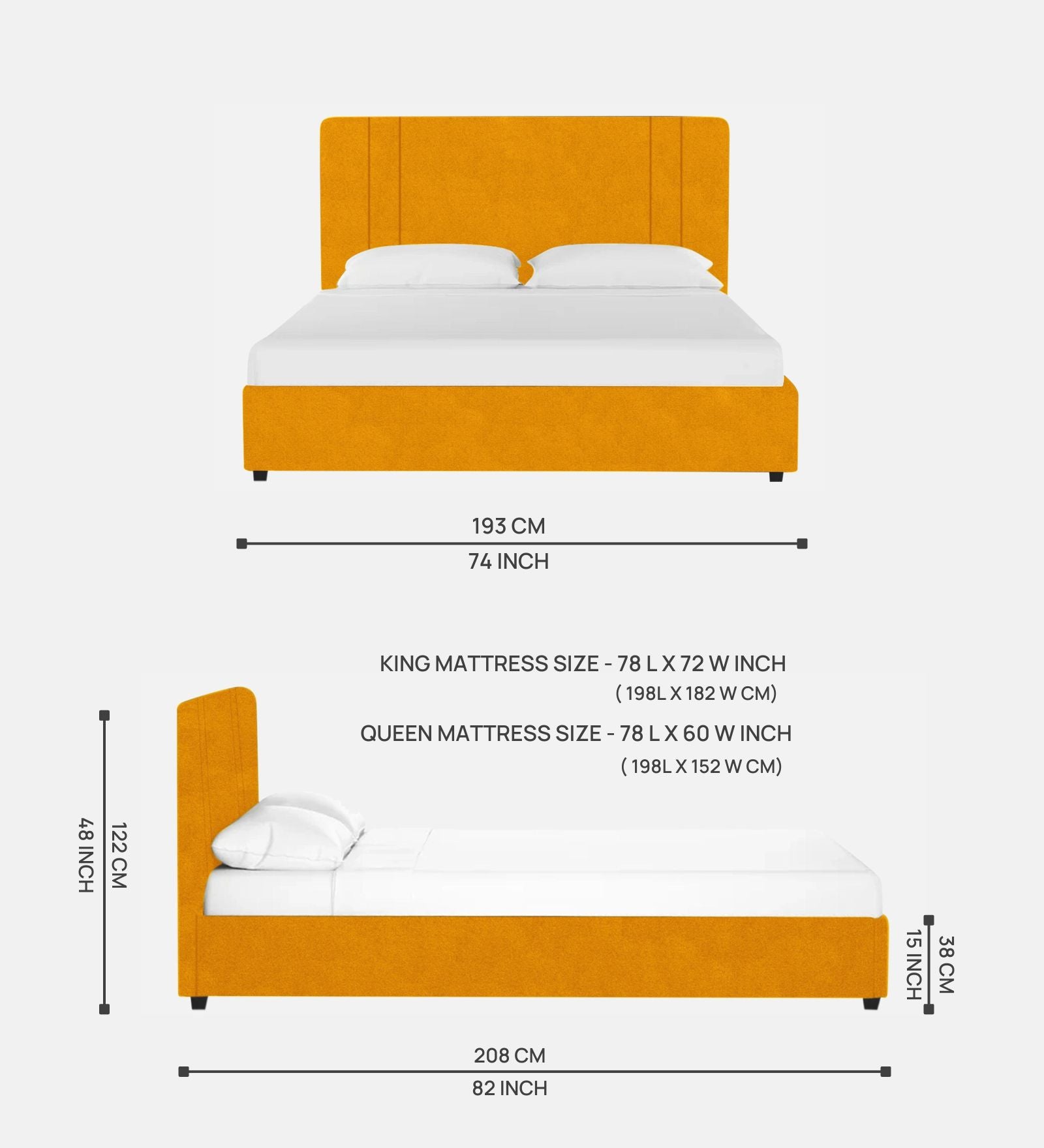 Asyra Fabric King Size Bed in Turmeric Yellow Colour With Storage