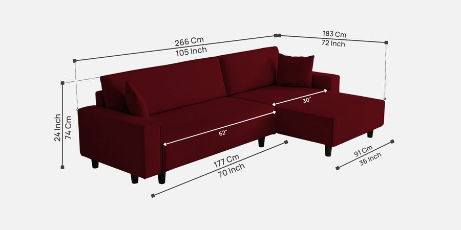 Peach Fabric Rhs 6 Seater Sofa Cum Bed With Storage In Ruby Red Colour - Febonic Living