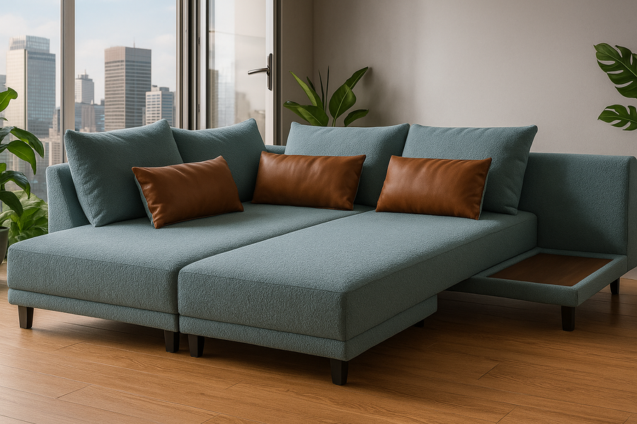 Ira Boucle Fabric Rhs 6 Seater Convertible Sofa Cum Bed In Stormy Blue Colour - Febonic Living