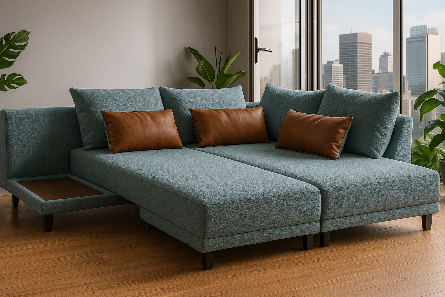 Ira Boucle Fabric LHS 6 Seater Convertible Sofa Cum Bed In Stormy Blue Colour