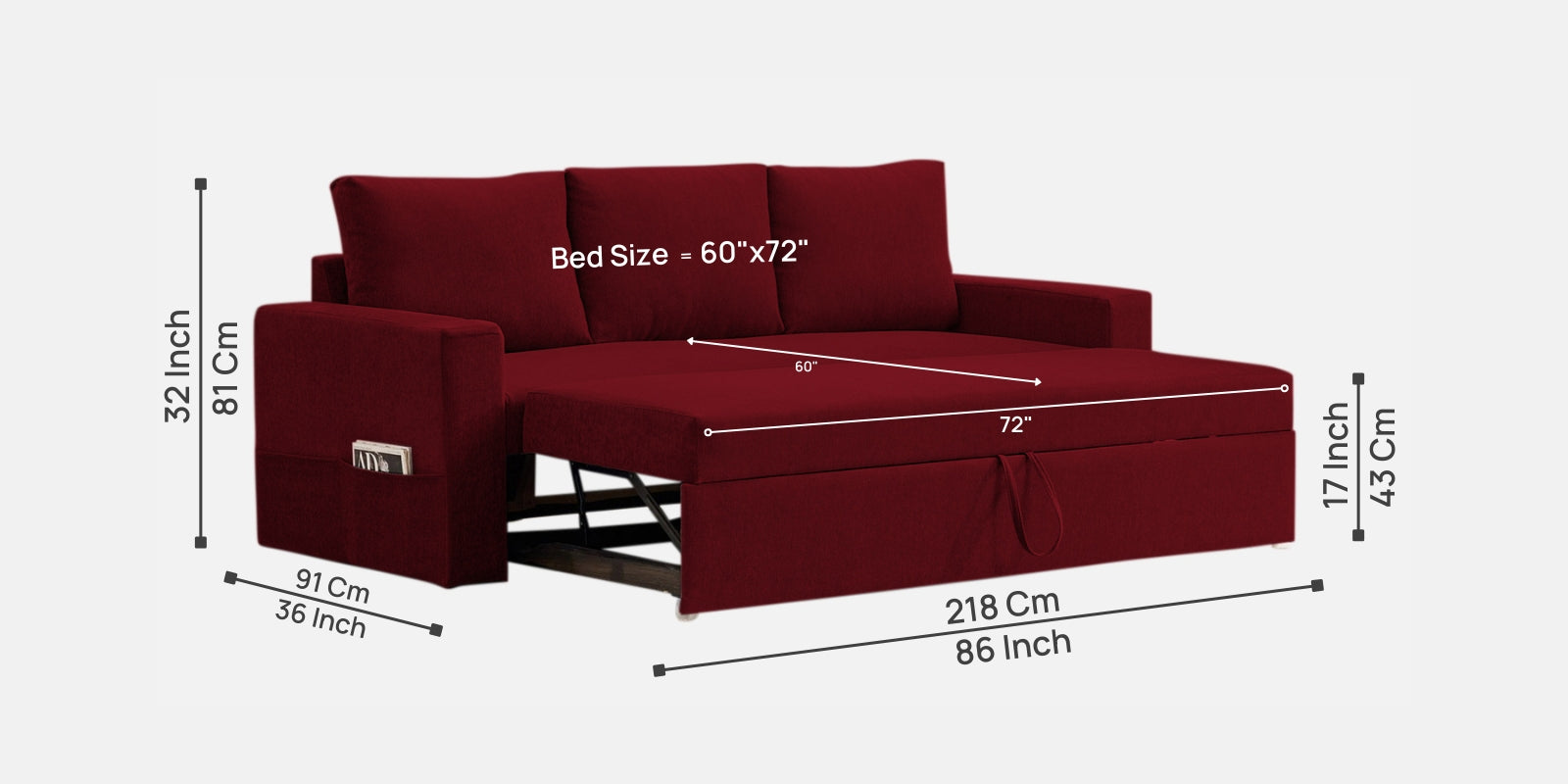 Kara Fabric 3 Seater Pull Out Sofa Cum Bed in Ruby Red Colour