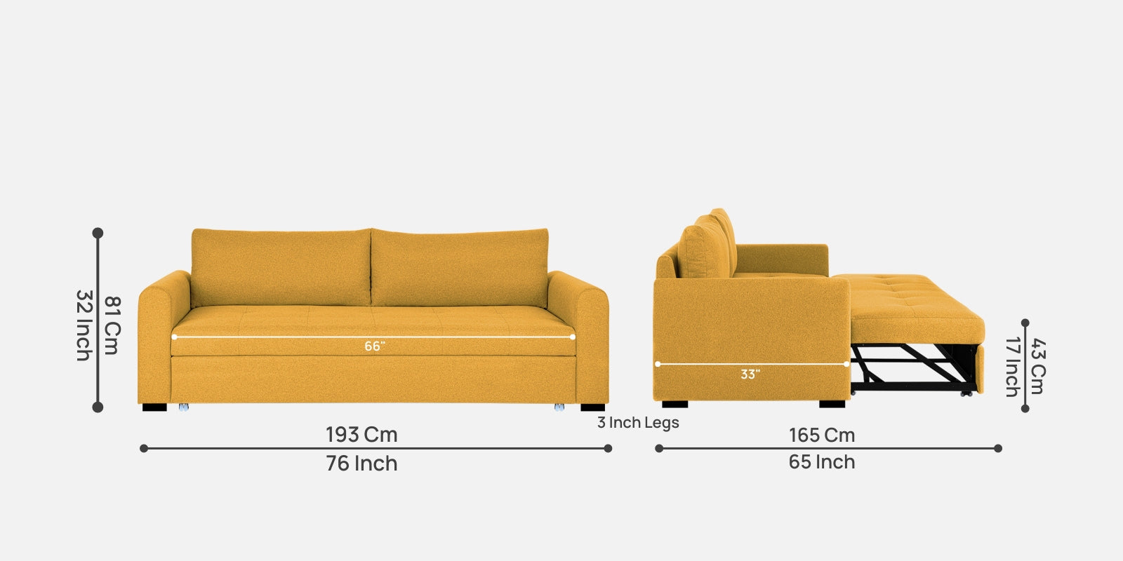 Sigma Fabric 3 Seater Pull Out Sofa Cum Bed In Bold Yellow Colour