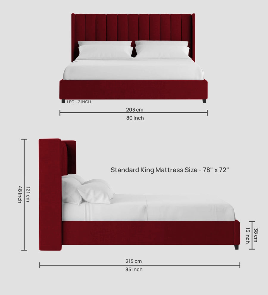Colina Fabric Upholstered King Size Bed In Ruby Red Colour With Box Storage - Febonic Living