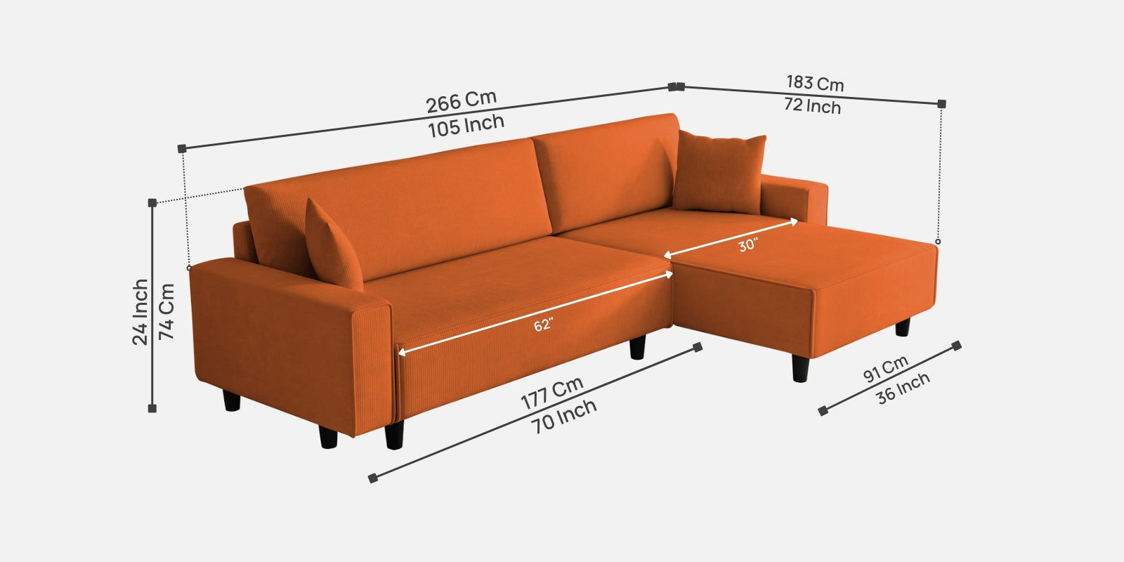 Peach Fabric RHS 6 Seater Sectional Sofa Cum Bed With Storage In Vivid Orange Colour