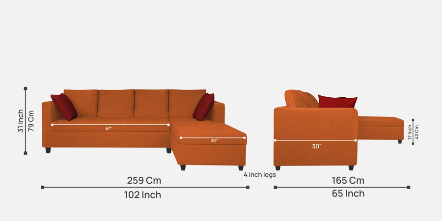 Nebula Fabric Lhs Sectional Sofa 3 Lounger In Vivid Orange Colour - Febonic Living