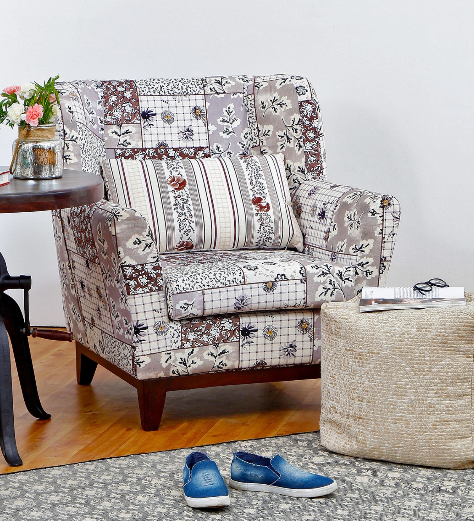 Mora Floral Print Fabric Accent Chair in Multi Colour