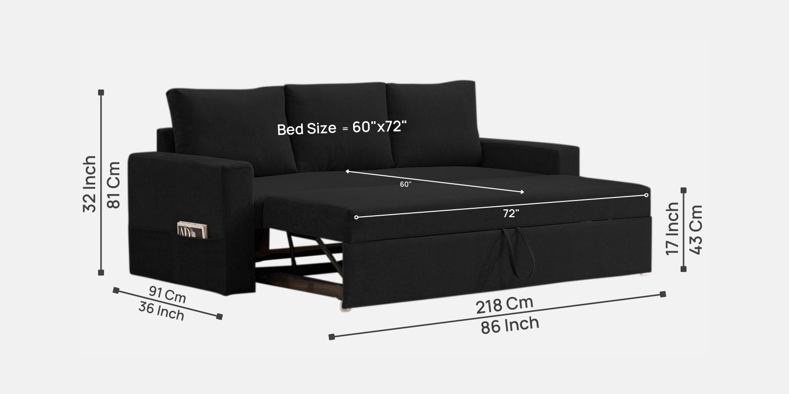 Kara Fabric 3 Seater Pull Out Sofa Cum Bed in Zed Black Colour