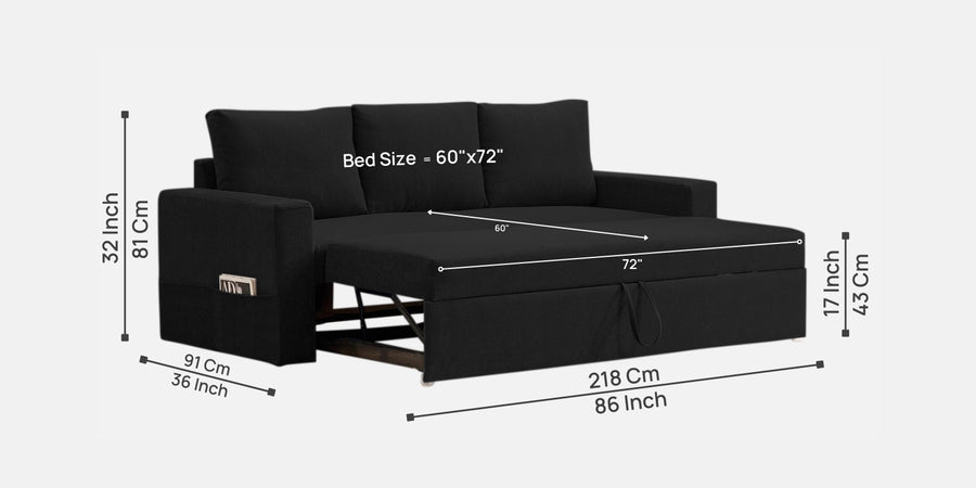 Kara Fabric 3 Seater Pull Out Sofa Cum Bed In Zed Black Colour - Febonic Living