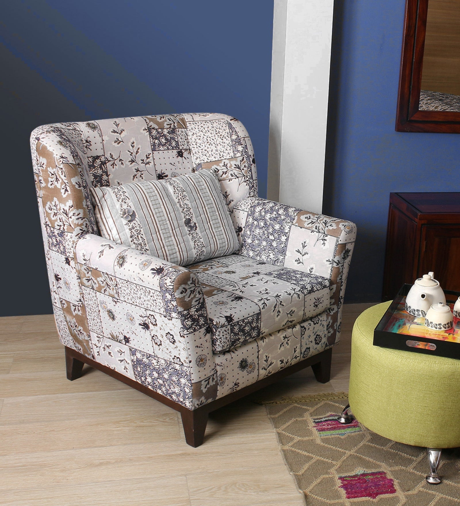 Mora Floral Print Fabric Accent Chair in Multi Colour