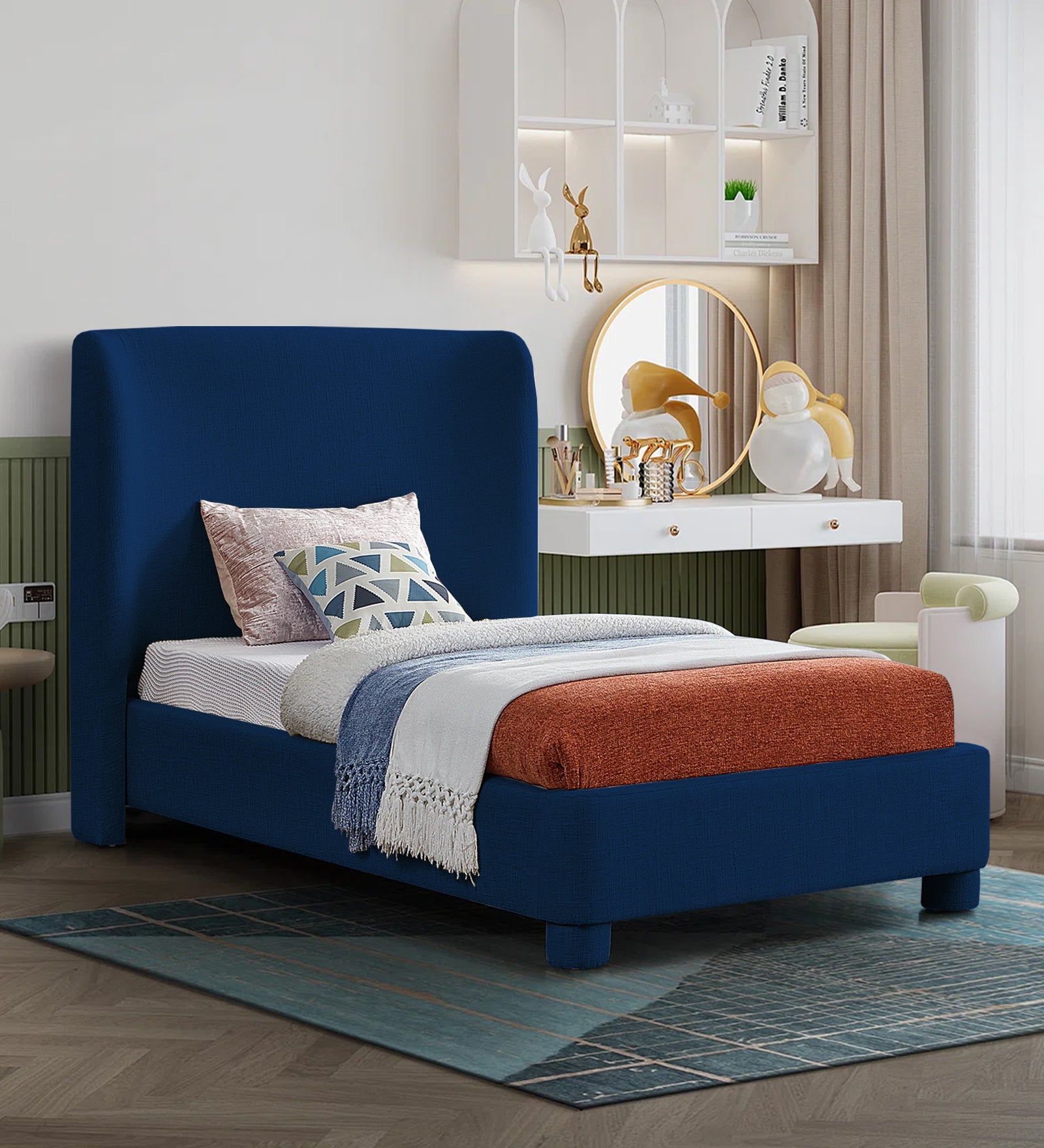 Lenny Fabric Upholstered Single Bed in Royal Blue Colour - Febonic Living