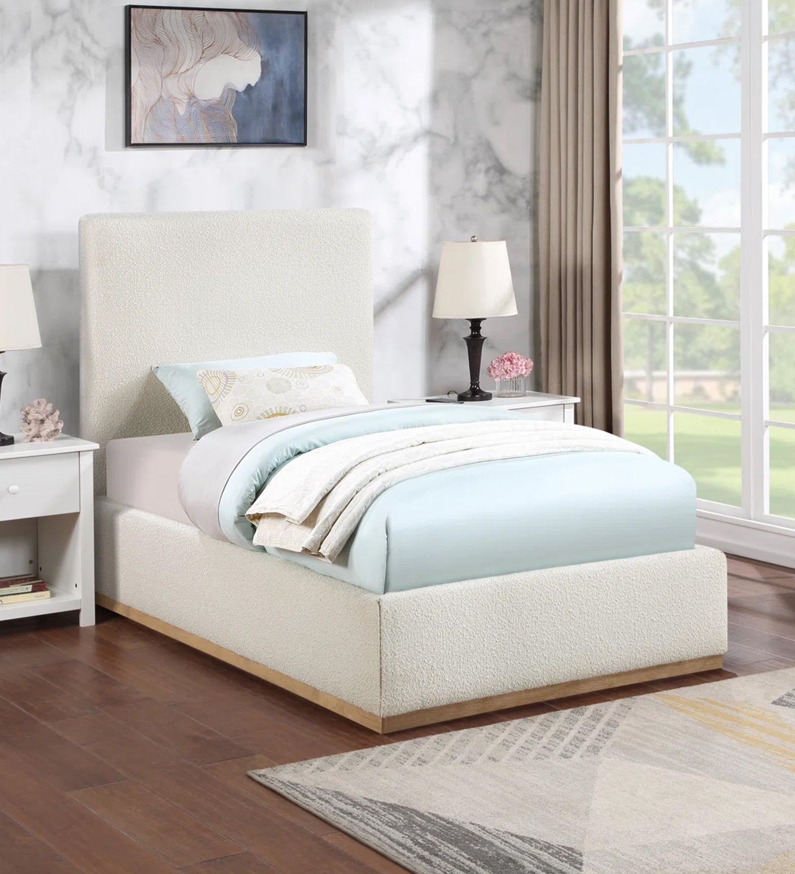 Eddy Boucle Fabric Single Bed  in Shell White - Febonic Living