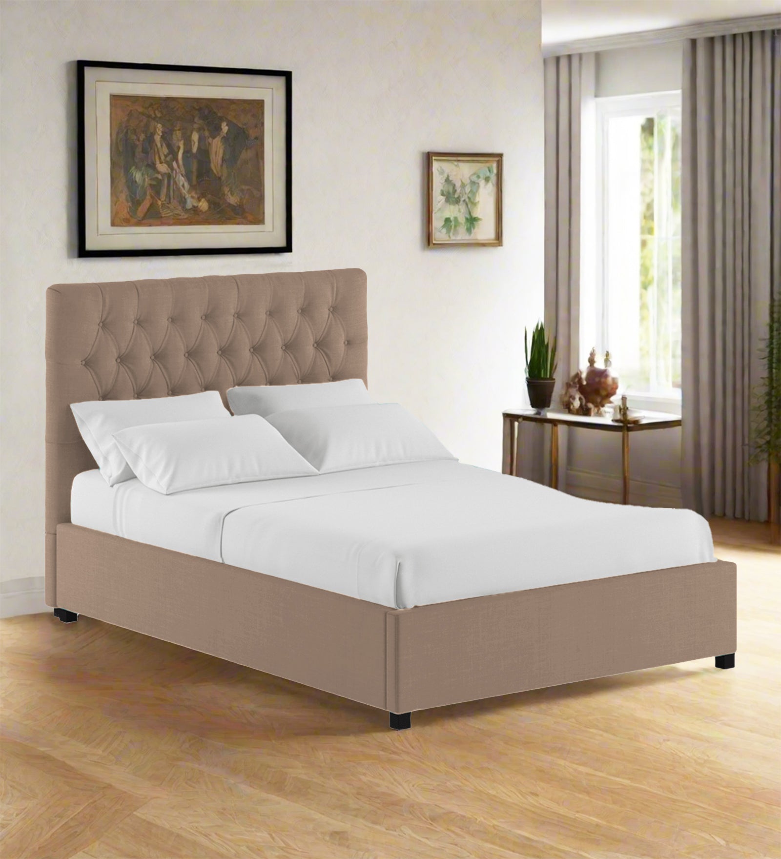 Sinu Fabric King Size Bed In Cookie Beige Colour With Storage Box
