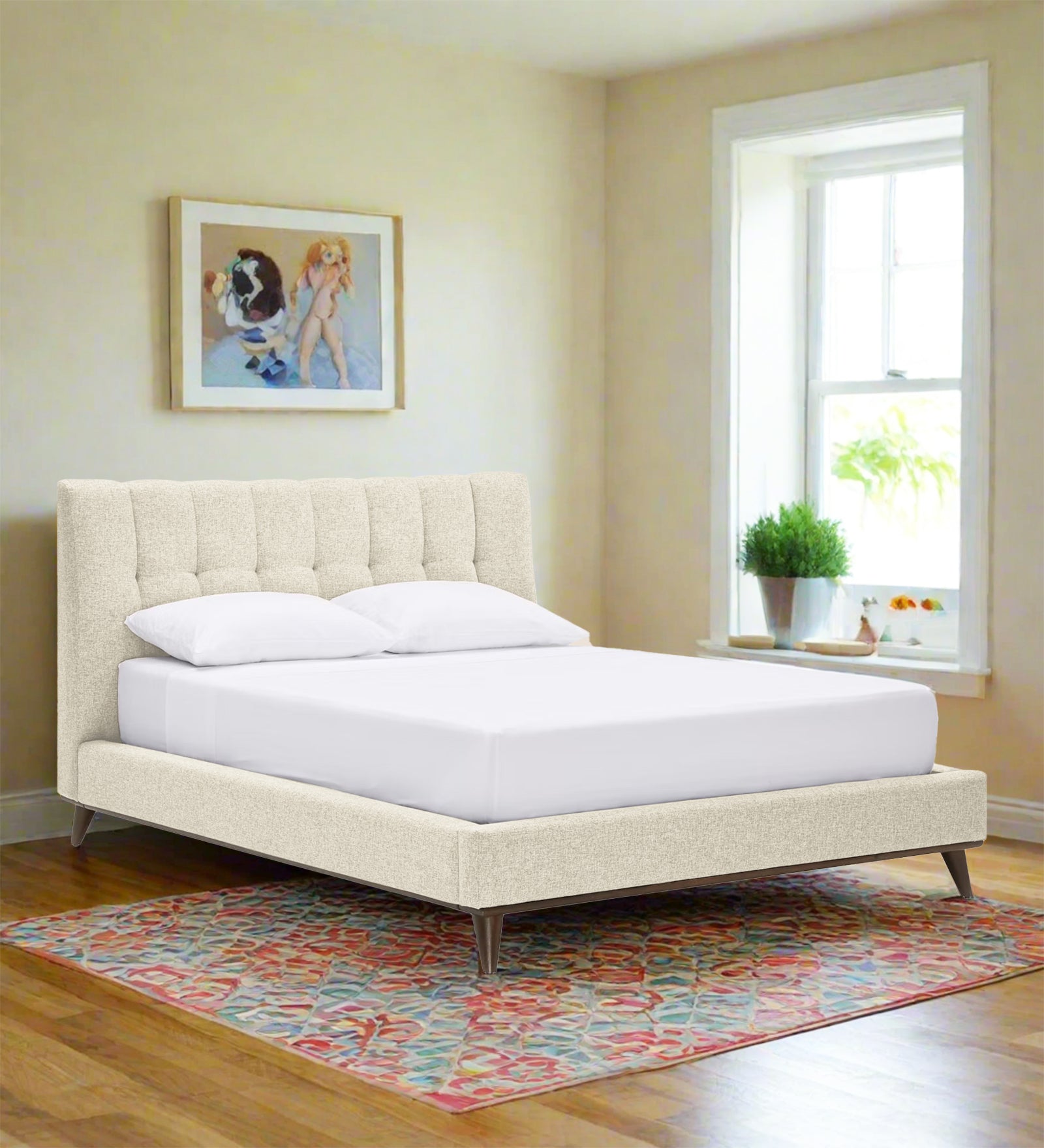 Jasmin Fabric Upholstered Queen Bed in Ivory Cream Colour