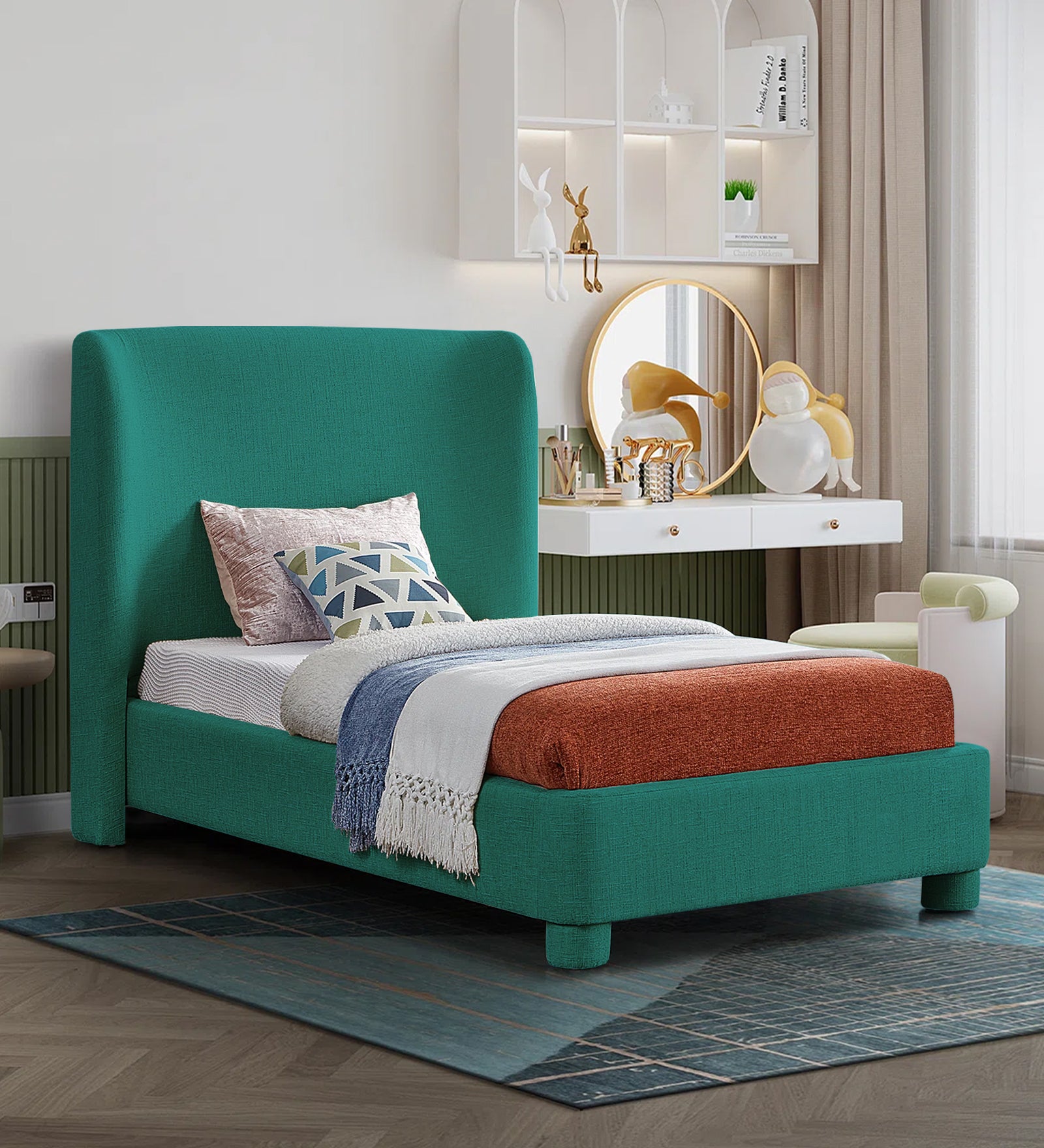 Lenny Fabric Upholstered Single Bed in Sea Green Colour - Febonic Living