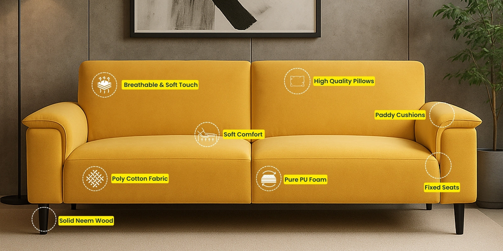 Ocean Velvet 3 Seater Sofa In Turmeric Yellow Colour
