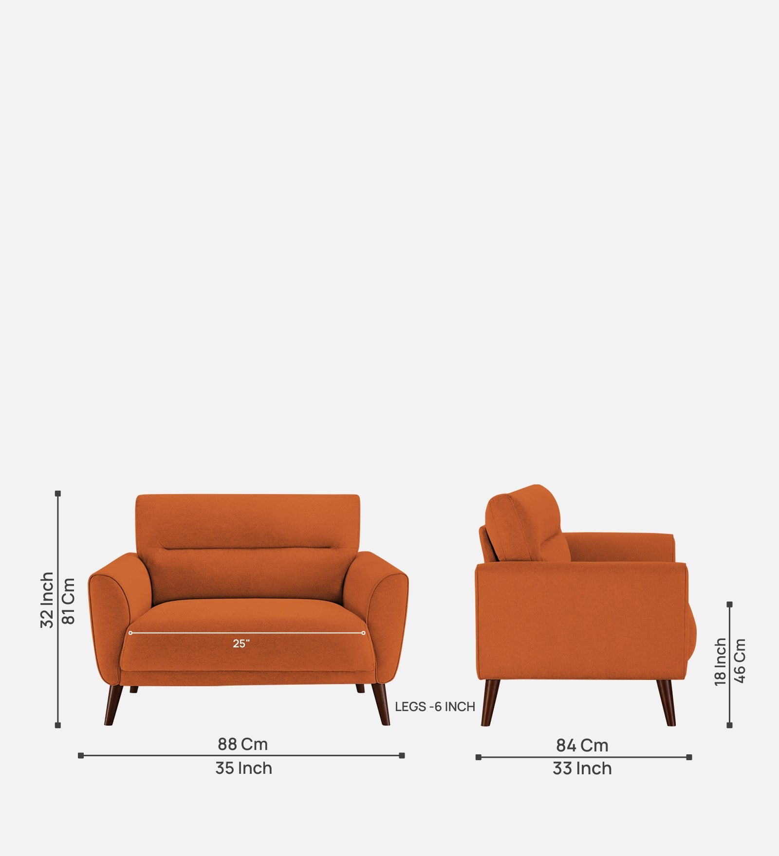 Castro Fabric 1 Seater Sofa in Vivid Orange Colour