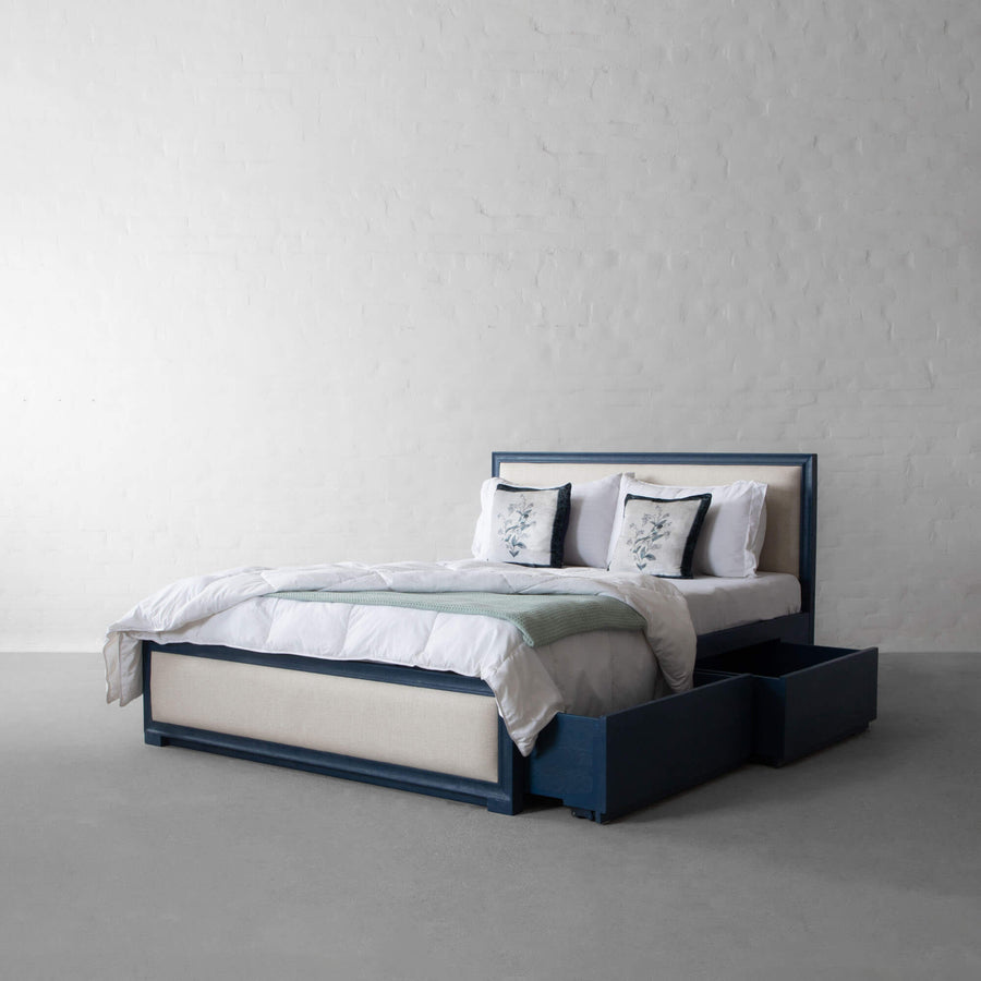 Limbu Leatherette And Fabric Upholstered Queen Size Bed In Ivory Cream With Drawer Storage - Febonic Living