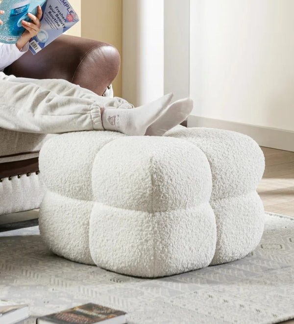 Rober Boucle Fabric Pouffe - Bright White