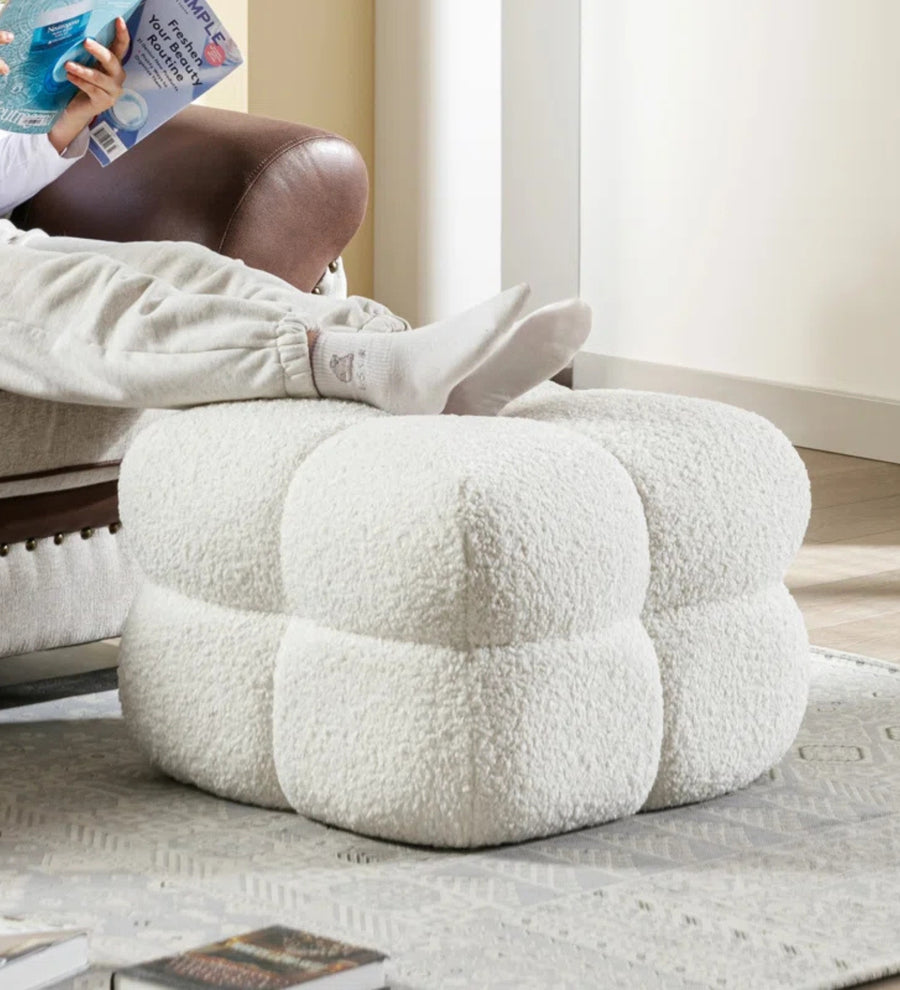 Rober Boucle Fabric Pouffe - Bright White by Febonic Living