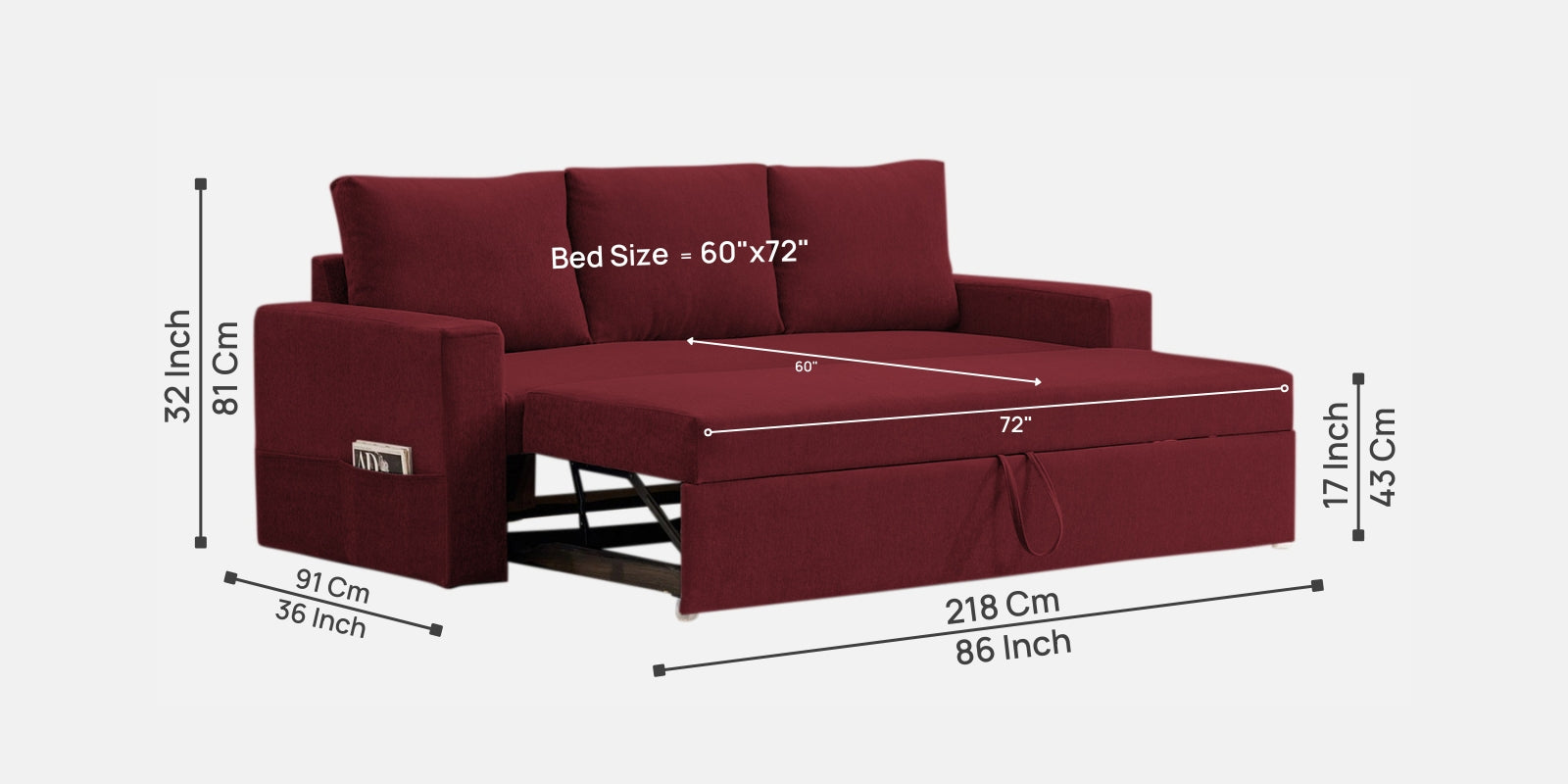 Kara Fabric 3 Seater Pull Out Sofa Cum Bed in Blood Maroon Colour