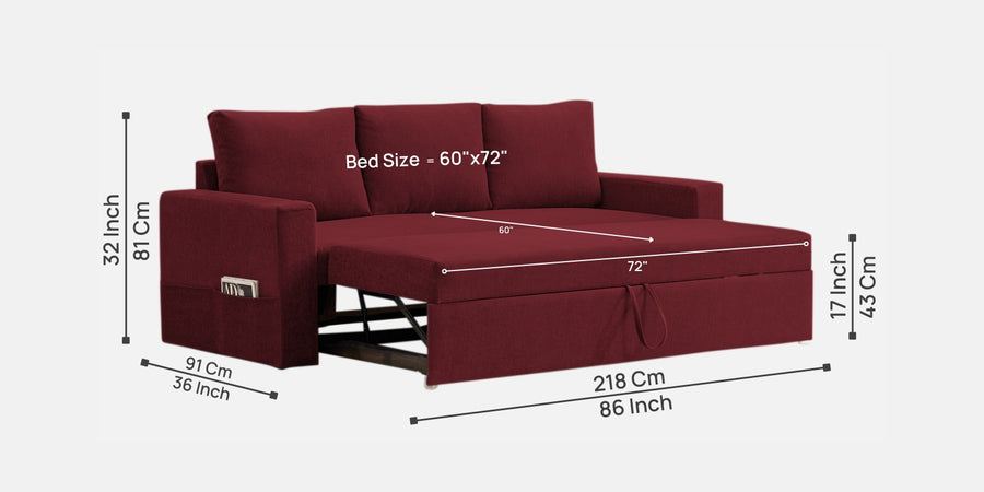 Kara Fabric 3 Seater Pull Out Sofa Cum Bed In Blood Maroon Colour - Febonic Living
