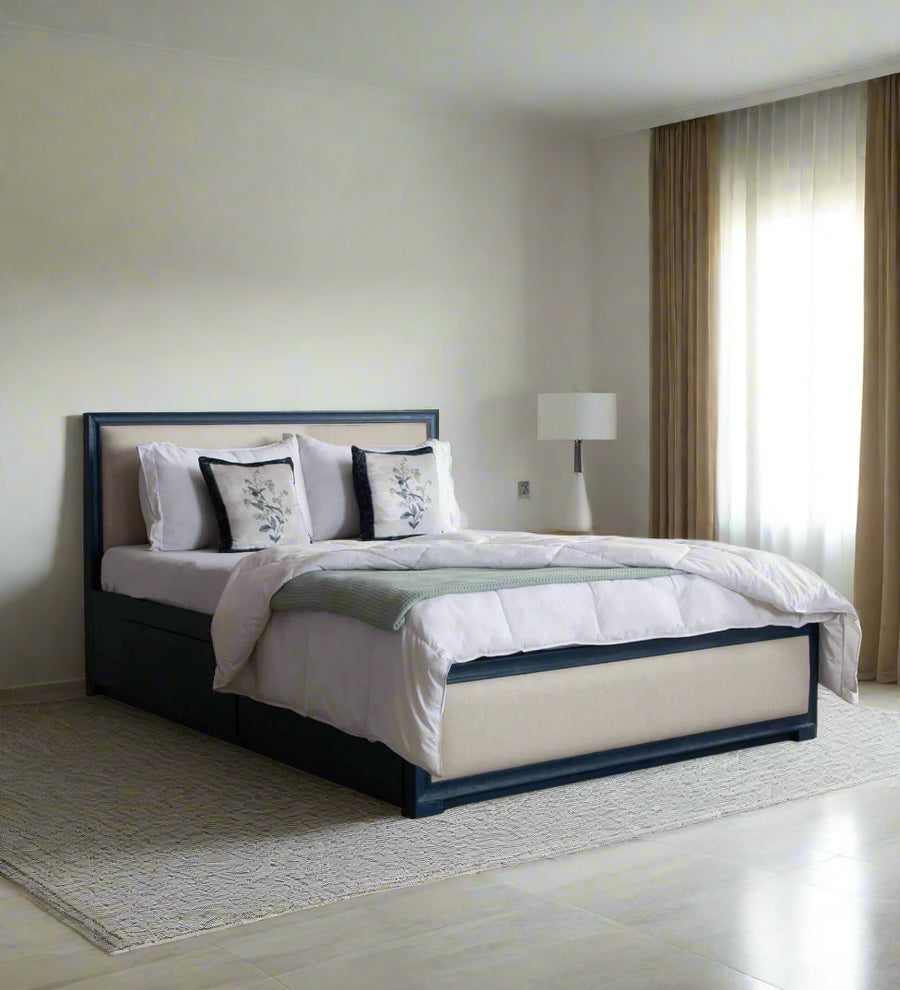 Limbu  And Fabric Upholstered Leatherette King Size Bed - Ivory Cream by Febonic Living