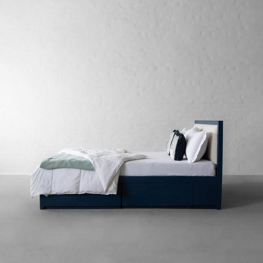 Limbu Leatherette And Fabric Upholstered Queen Size Bed In Ivory Cream With Drawer Storage - Febonic Living
