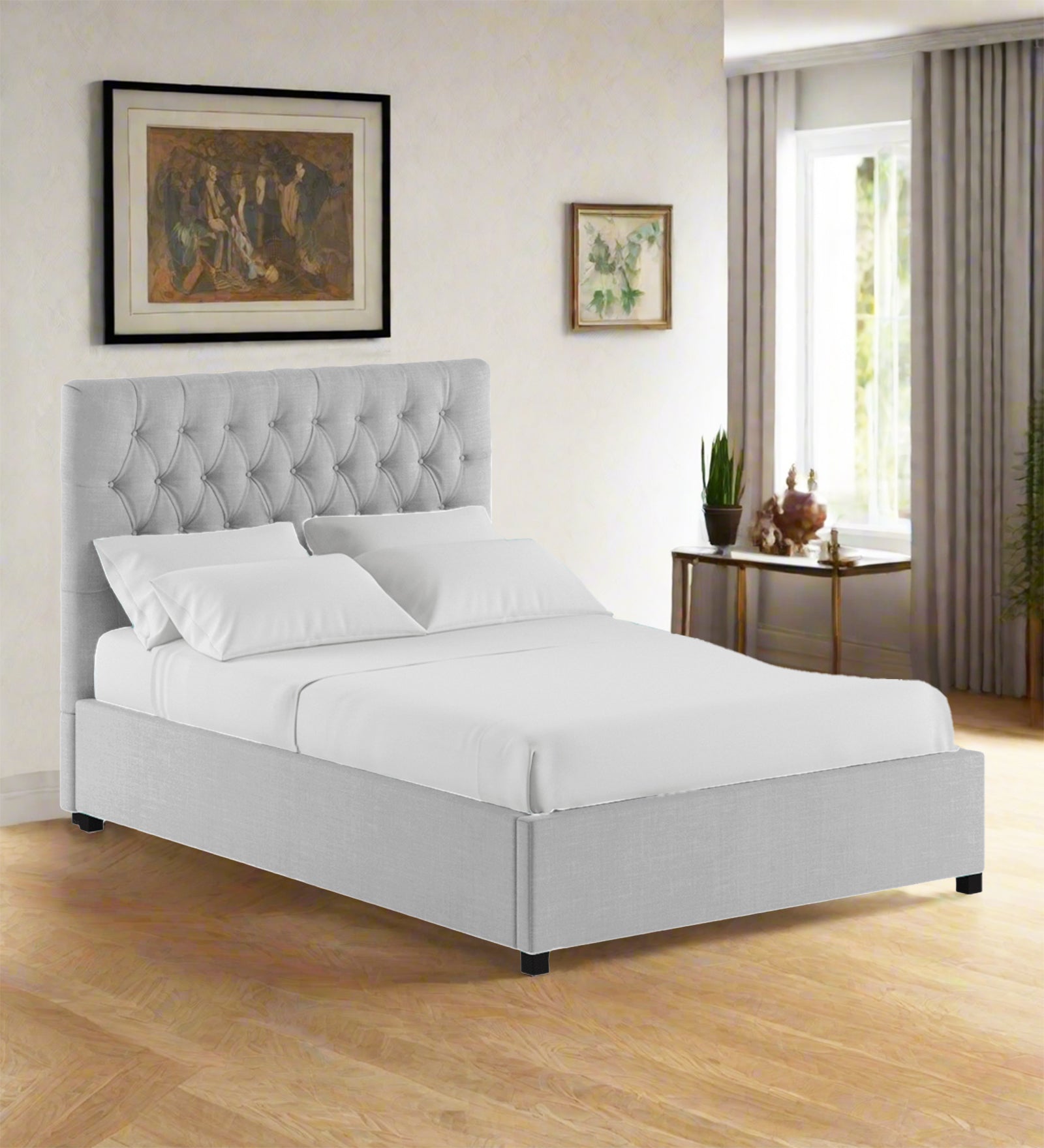 Sinu Fabric King Size Bed In Lit Grey Colour With Storage Box