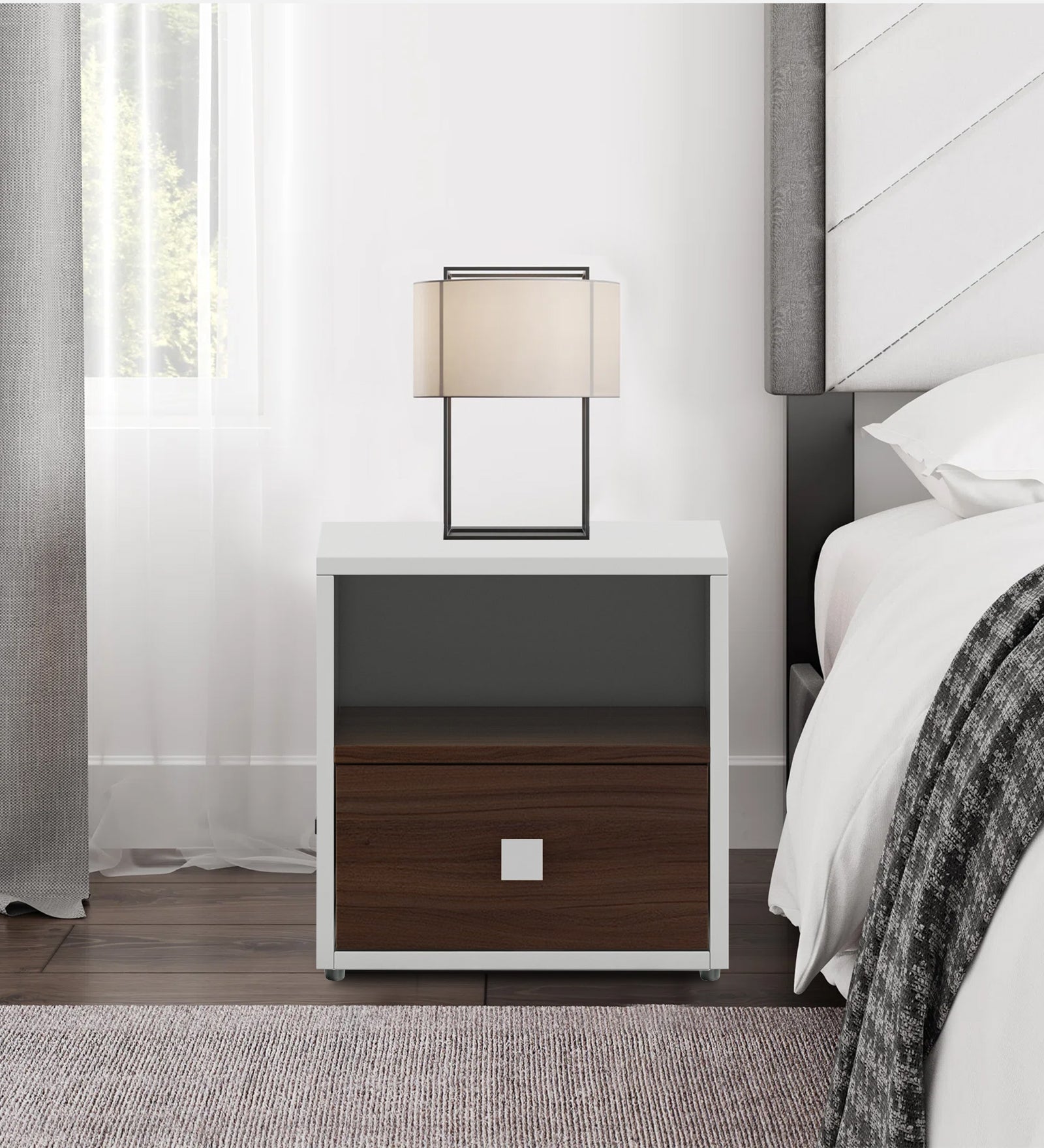 Cave Bedside Table With Drawer in Dark Walnut & Frosty White Finish