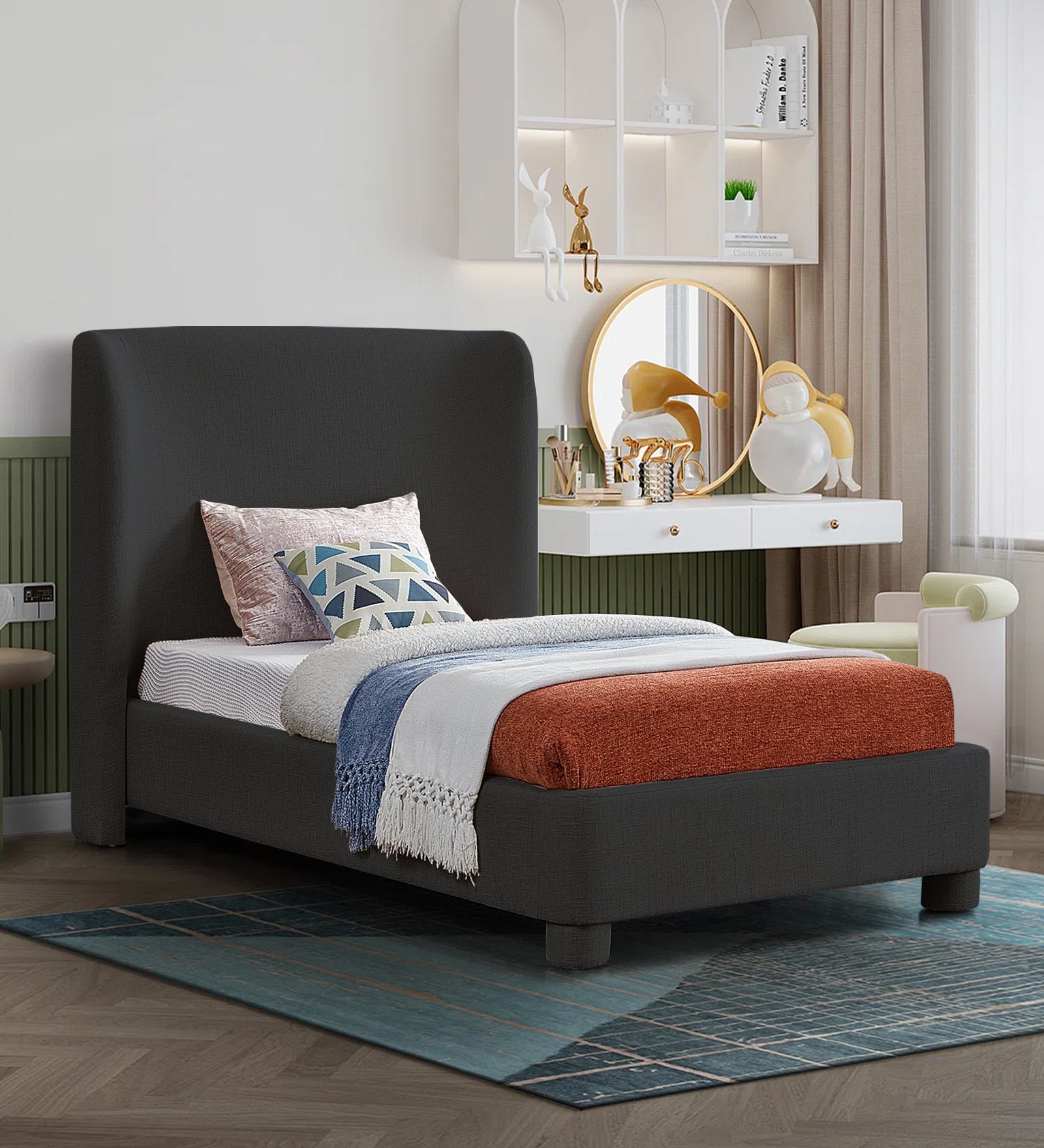 Lenny Fabric Upholstered Single Bed in Charcoal Grey Colour - Febonic Living