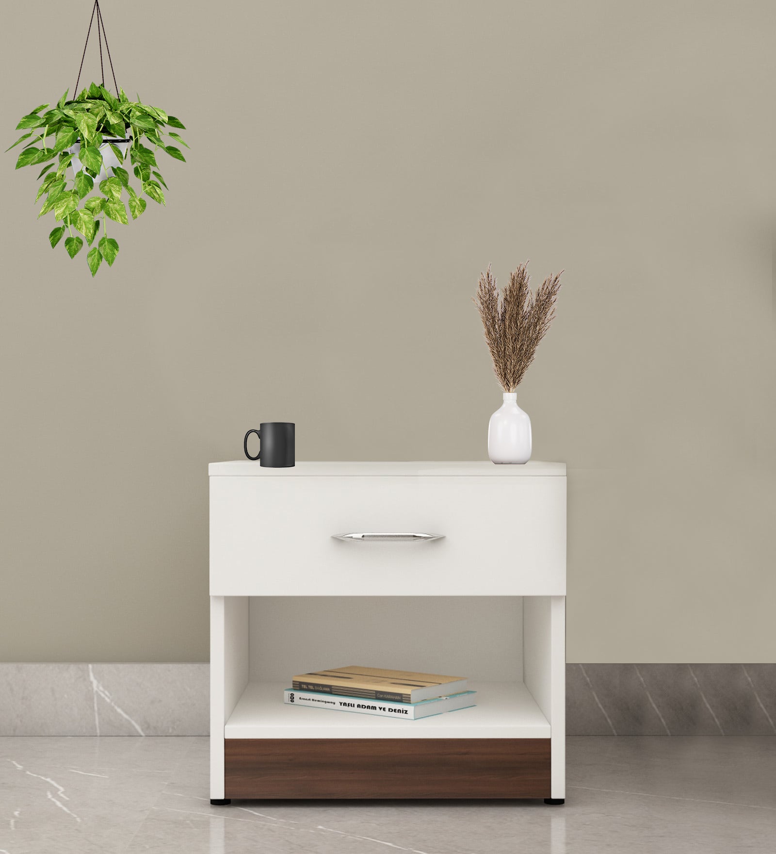Suki Bedside Table With Drawer in Frosty White & Dark Walnut Finish