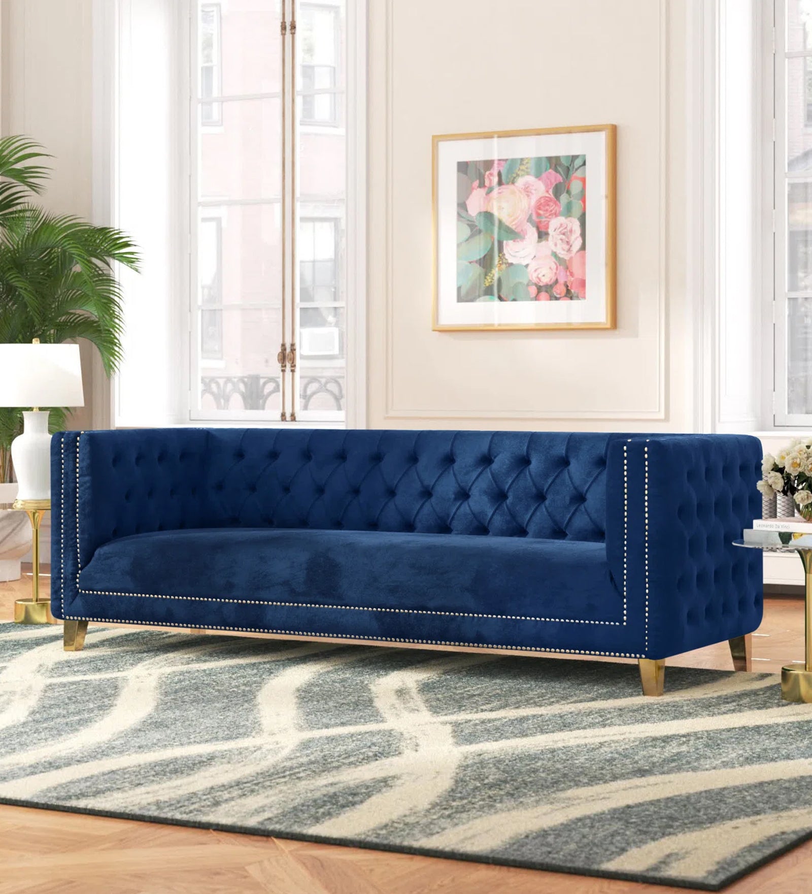 Sickle Velvet 3 Seater Sofa In Imperial Blue Colour