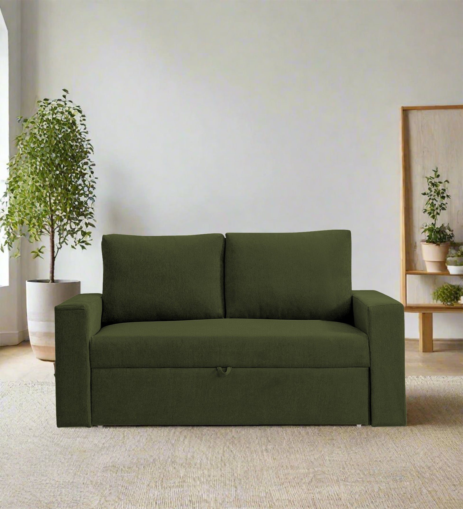 Kara Fabric 2 Seater Pull Out Sofa Cum Bed in Olive Green Colour