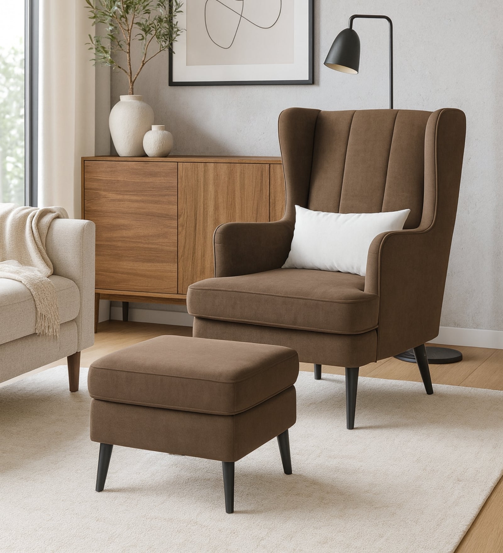 Niya Velvet Wing Chair In Mocha Mouse Colour With Ottoman