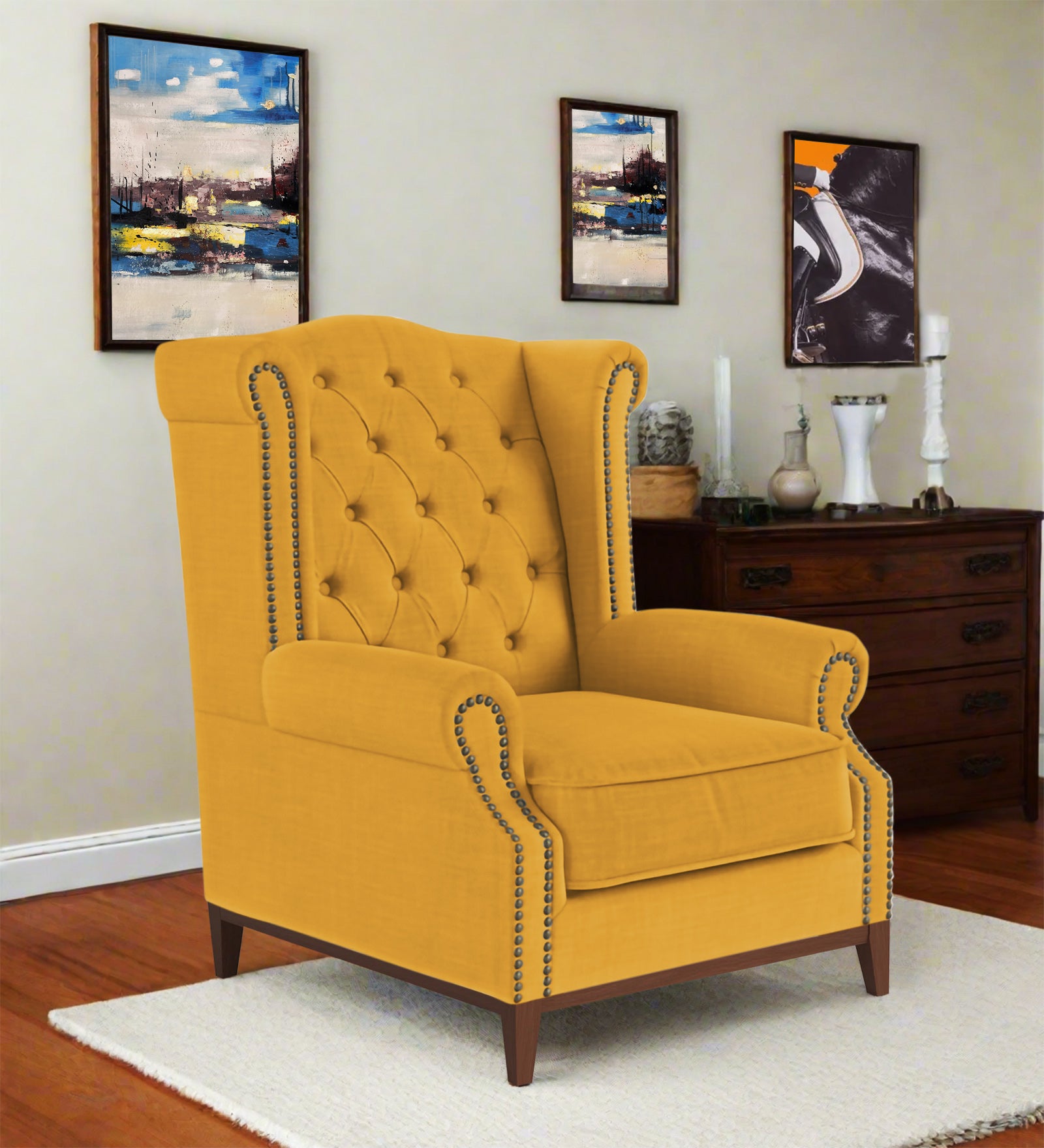 Nory Fabric 1 Seater Wing Chair in Bold Yellow Colour