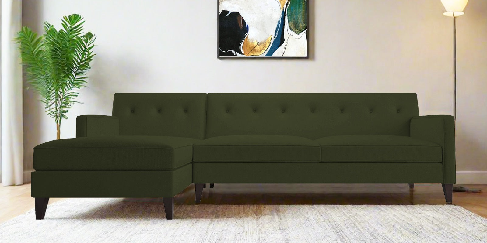 Miller Fabric RHS Sectional Sofa (3+Lounger) in Olive Green Colour