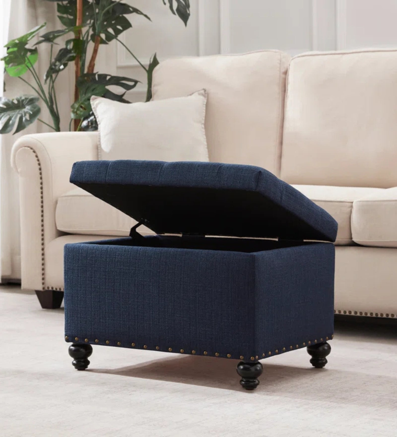 Handy Fabric Ottoman In Denim Blue Colour With Storage